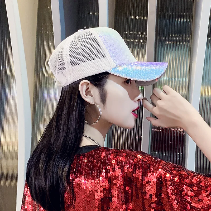 여성용 용수철 자외선 차단 야구 모자, 여성용 햇빛가리개 모자, 스팽글 메쉬 모자, 통기성 힙합 패션, 화이트 블랙 블링