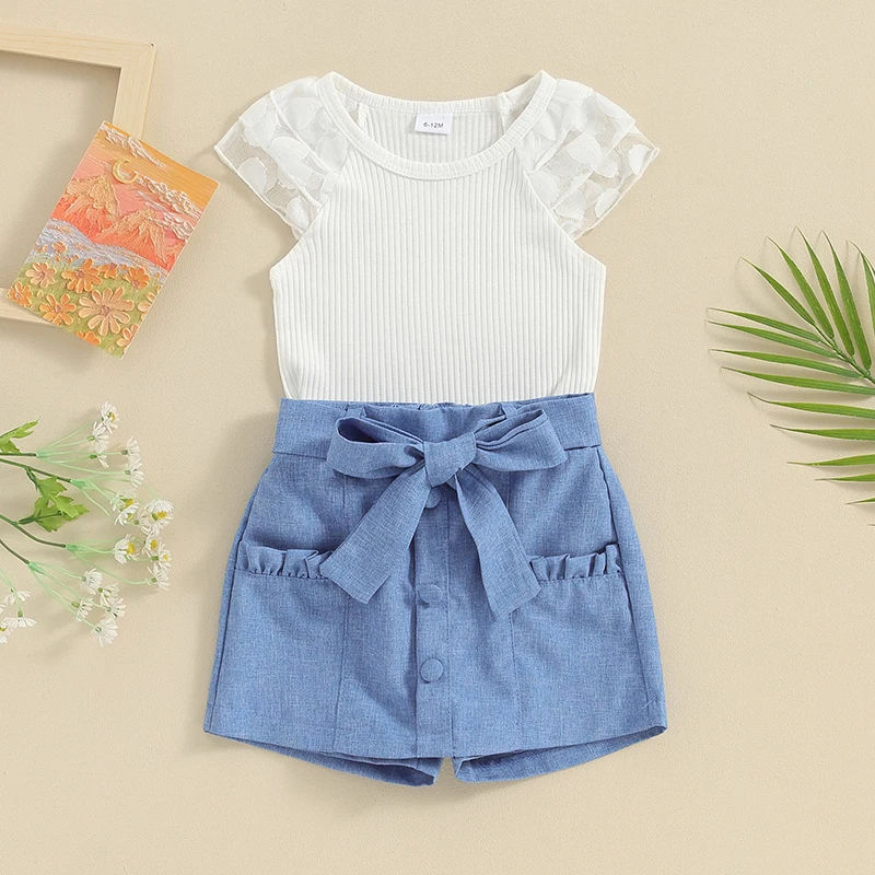 

Летняя одежда для маленьких девочек, кружевная Сетчатая футболка в рубчик с круглым вырезом и короткими рукавами с поясом, комплект из 2 предметов