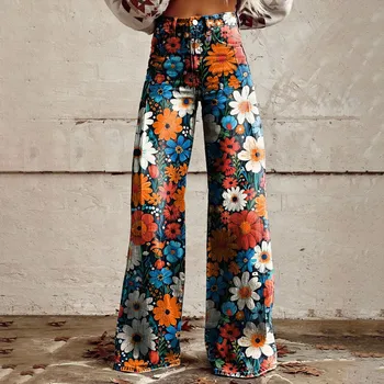 High Waisted Casual Vintage Wide Leg Imitation Jeans Women Fashion 90s Floral Printed Denim Pants 1