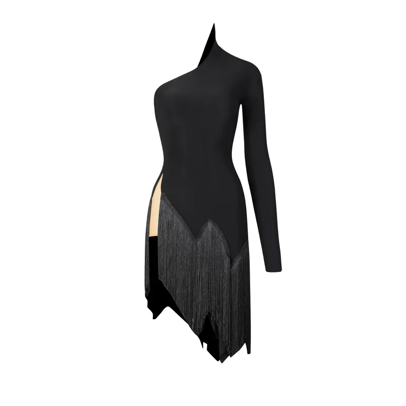 Latin Dance Dress Women One-Sleeve Oblique Shoulder Fringed Black Dress Cha Cha Rumba Samba Performance Clothes Adult DNV19065