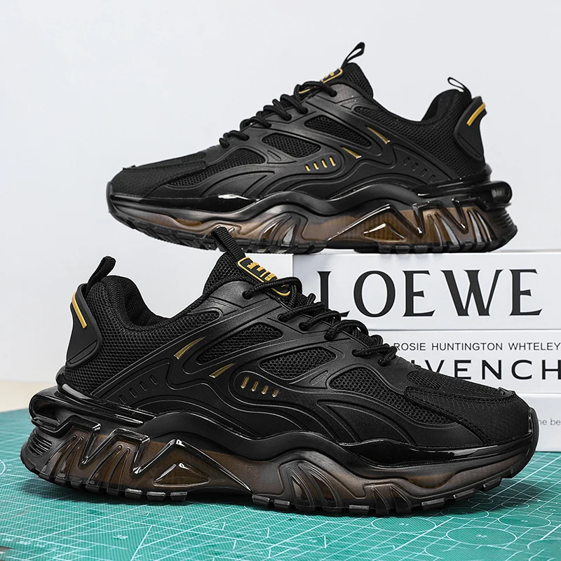Men's Casual Sneakers, Stylish Black Sneakers with a Touch of Gold Embellishments, Lace-Up Sneakers with Air Cushioning, Comfortable Upper and Durable Sole, Suitable for Casual Wear, City Exploration Shoes | Fashionable Sneaker Design | Secure Fit Closure