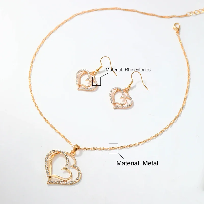 3 PCS Set Heart Shaped Jewelry Set of Earrings Pendant Necklace for Women Exquisite Fashion Rhinestone Double Heart Jewelry Set