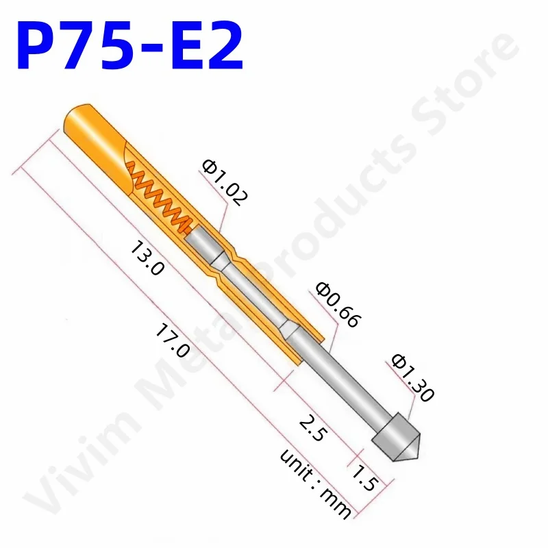 100PCS P75-E2 Spring Test Probe Pogo Pin Test Pin Dia 1.02mm Conical Head Dia 1.30mm Length16.5mm P75-E Test Tool For PCB Test