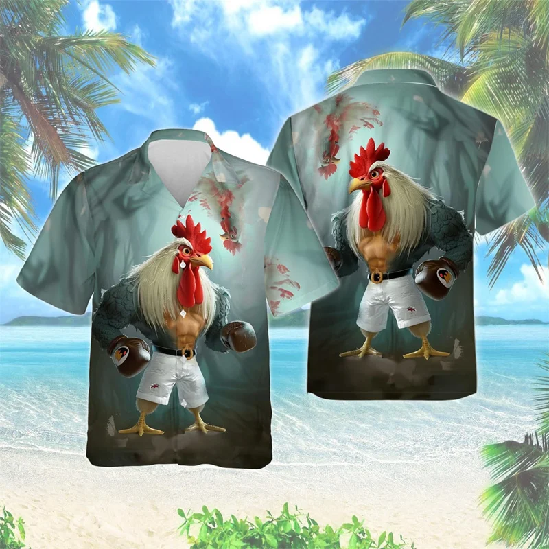 thumbnail image 1 of Camisa hawaiana con estampado 3D de gallo de dibujos animados para hombre, divertidas camisas Aloha con estampado de animales, blusas de calle unisex, blusas con solapa, mangas cortas, 1 of 5