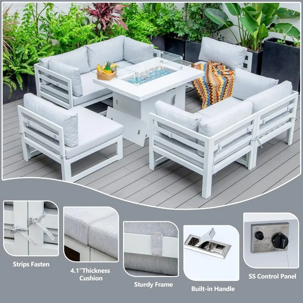 7 Piece Patio Furniture Aluminum Fire Pit Conversation Set with 29'' Large Depth Seat Outdoor Modern Luxury Sofa Set (White) 4