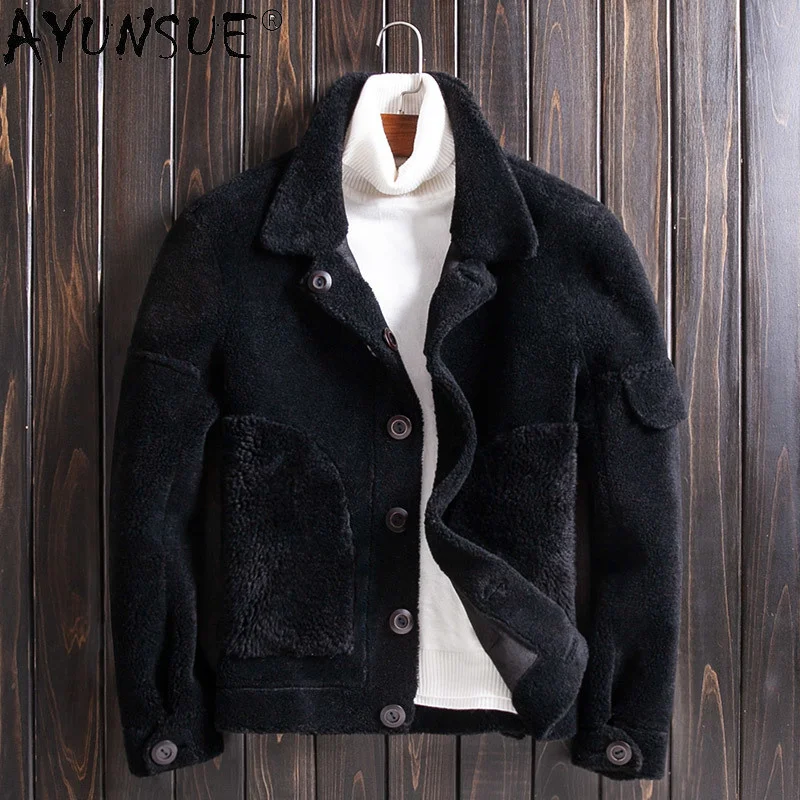 

AYUNSUN Winter Men Jacket Real Sheep Shearing Wool Leather Male 5XL Clothes Double-sided Wear Coat Ropa Hombre LXR352