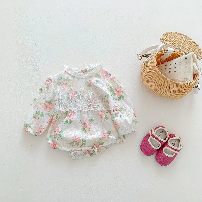 

Cute Baby Girl Romper 0-3Years Newborn Princess Long Sleeve Lace Round Neck Flower Bodysuit One-Pieces Outfits Autumn Clothes