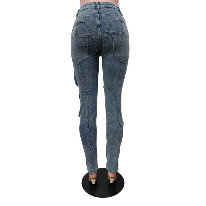 Women Skinny Cargo Jeans Pants Autumn Winter High Waist Button Zipper Casual Bodycon All Match Y2k Trousers Hipster Streetwear