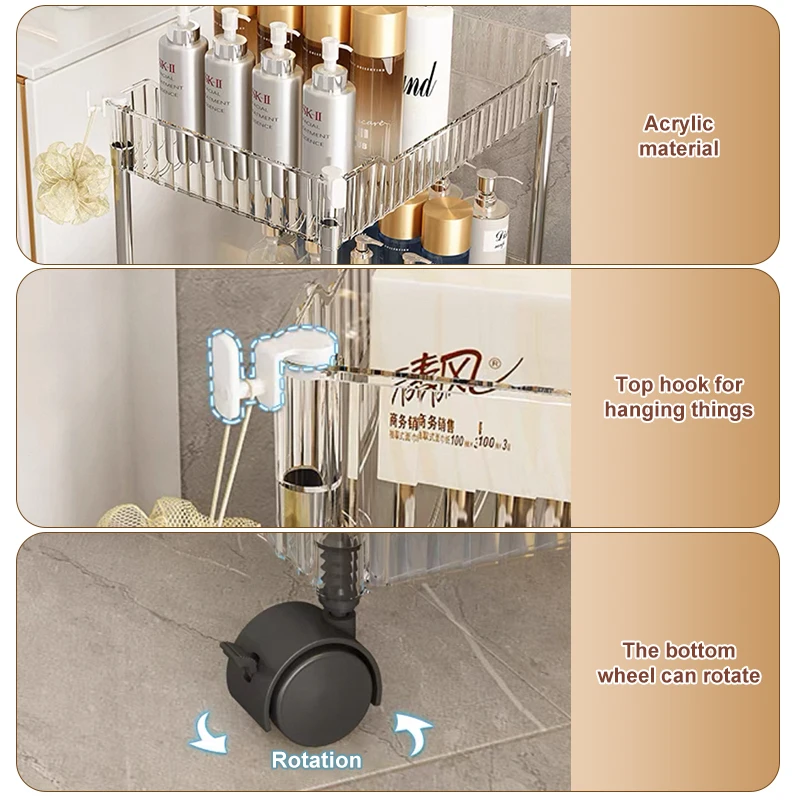 Mobile Storage Rack Trolley Organizer With Wheels Acrylic Narrow Slit Storage Cabinet Bathroom Home Multi-layer Organizer 2