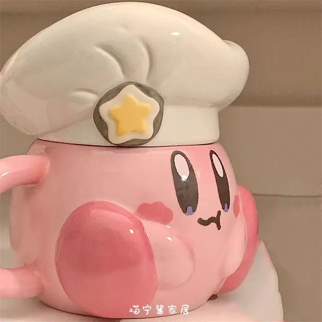 New Kawaii Star Kirby Ceramic Cup with Spoon Cover Anime 350Ml