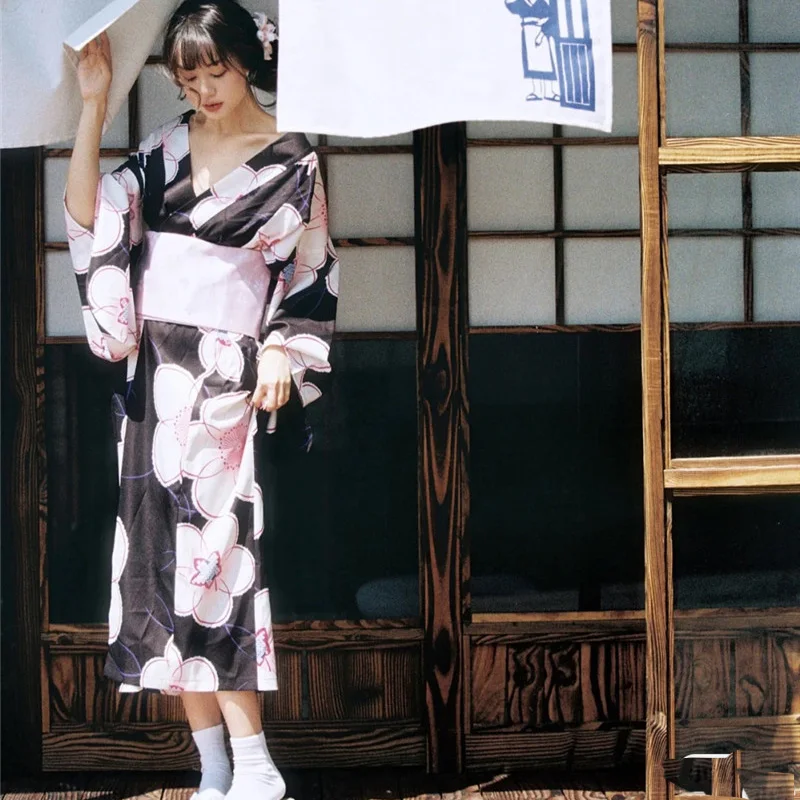

Женское традиционное японское кимоно с розовым цветочным принтом Оби, халат для косплея юката, хаори, одежда для сценической фотосъемки