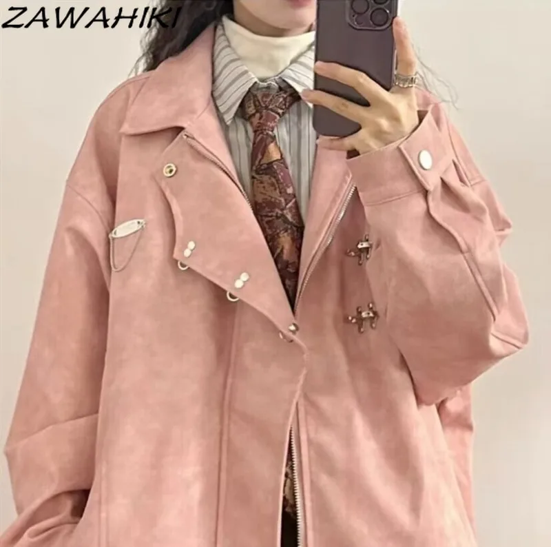 

Spring Autumn New Arrive American Retro Turn-down Collar Designed Women Jackets Chic Fashion Pink Loose Y2K Aesthetic Tops