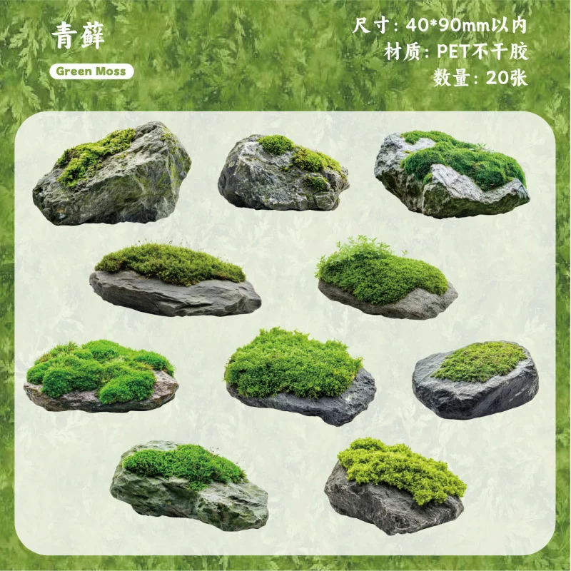 20개 청록색 이끼 식물 스티커 팩, 신선한 이끼 및 식물 일러스트레이션, 숲 스타일 스크랩북 저널 콜라주 용품