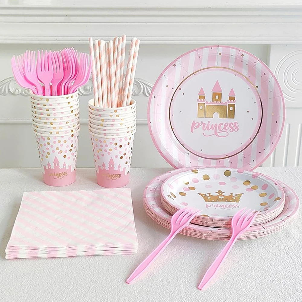 

96Pcs Pink Princess Themed Birthday Party Disposable Tableware Paper Plate Napkins for Girls Birthday Baby Shower Party Supplies