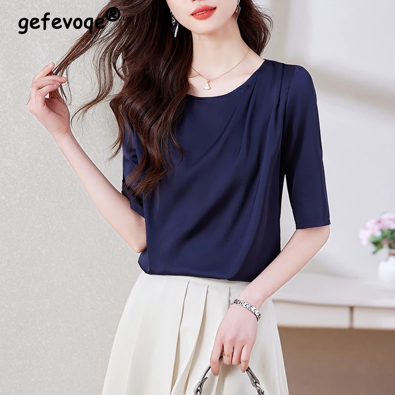 Women Korean Fashion Silk Satin Elegant Blouses 2024 Summer Office Lady Ruffled Half Sleeve Shirts Casual O Neck Solid Chic Tops