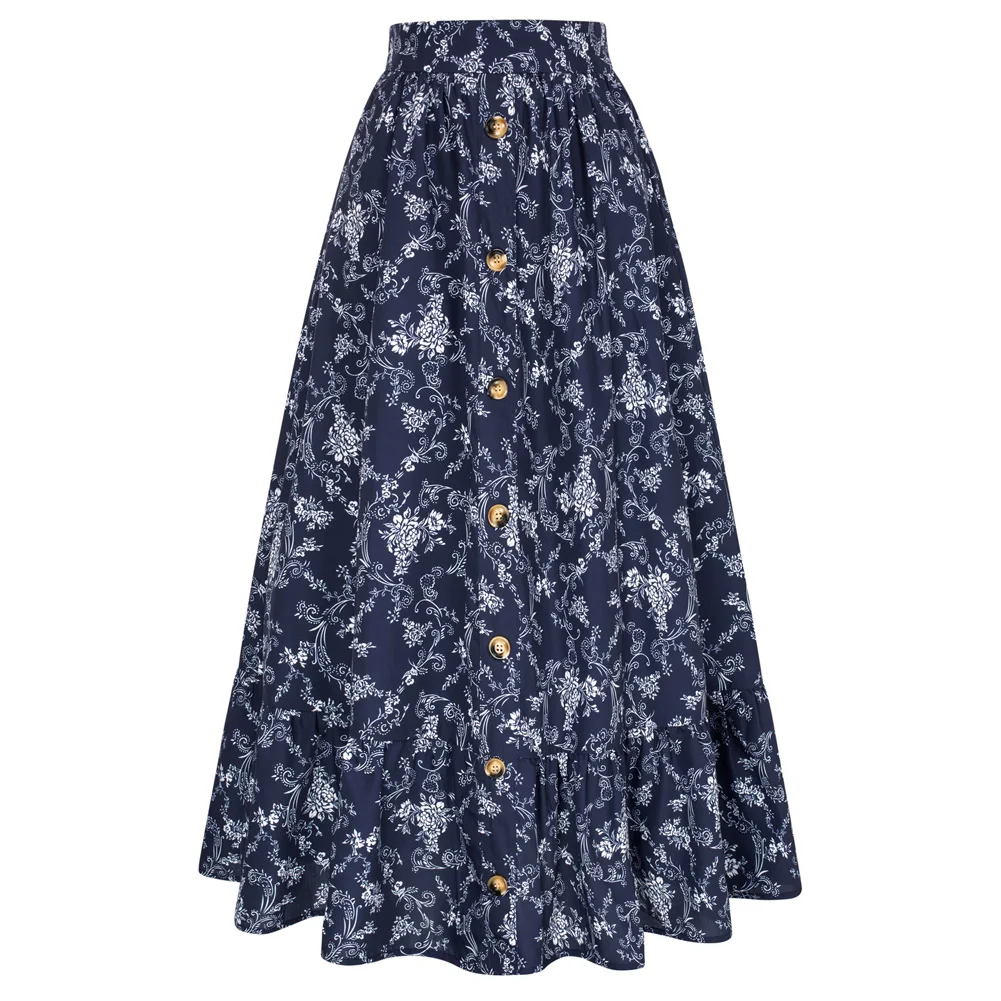 SD Women Floral Maxi Skirts Button Vintage Skirt Long Boho Skirt With Pockets Elastic High Waist Ruffled Hem Long Skirt A30