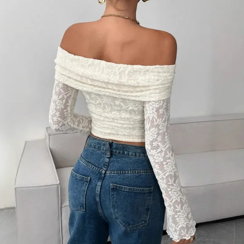 2026 New Fashion Spring and Summer One-Neck Women's Long Sleeve Top Retro Lace Embroidery Solid Color Office Casual Blouse