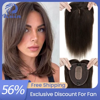 Topper da donna con base superiore in seta con 3 clip in veri capelli umani Parrucchino naturale personalizzato traspirante Parrucche per capelli umani con base in seta 12x13 cm