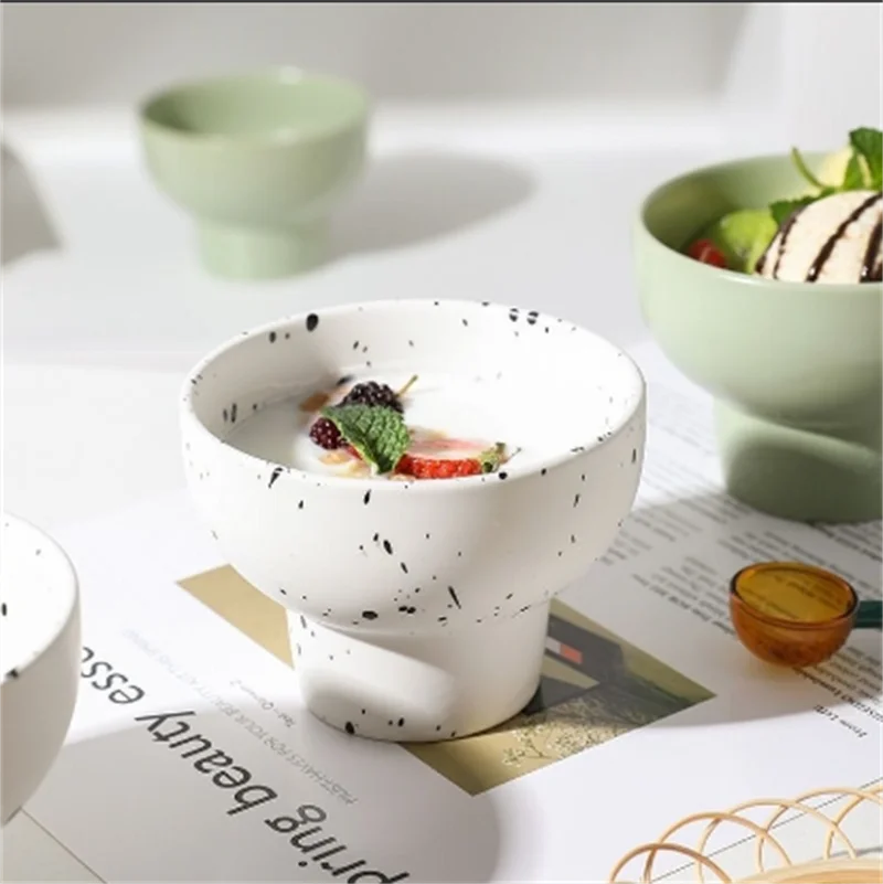 Ins Korean Style Creative Dessert Personalized Ice Cream Bowl Ceramic  Splash Ink High Foot Bowl Yogurt Fruit Cup