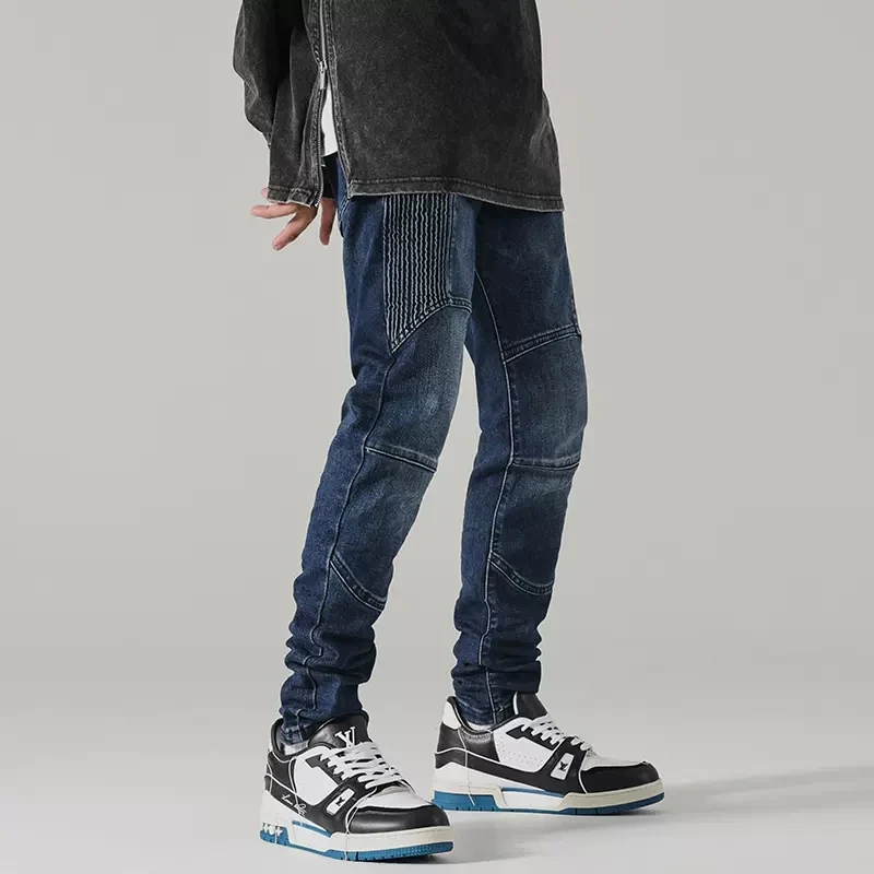 High Street Fashion Men Jeans Retro Blue Spliced Designer Elastic Slim Fit Biker Jeans Men Wrinkle Patched Hip Hop Pants Hombre