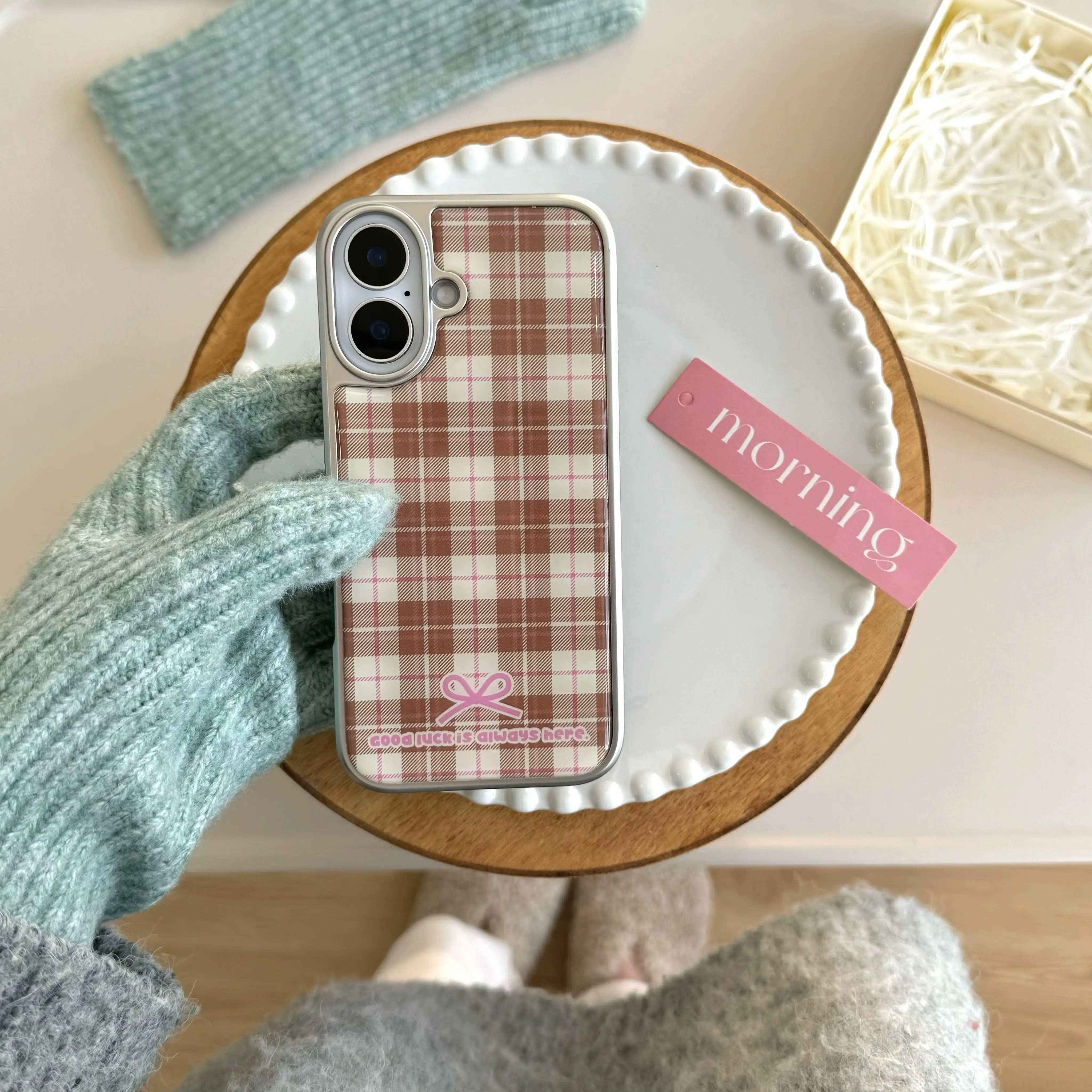 Korean Girly Checker Pattern Silver Border Phone Case with Y2K Resin Design