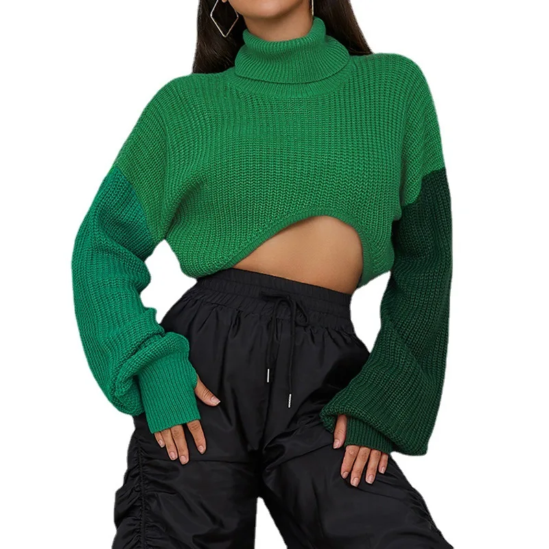 Fashionable Color Block Knitted High Neck Loose Casual Sweater For Street Photography In Autumn