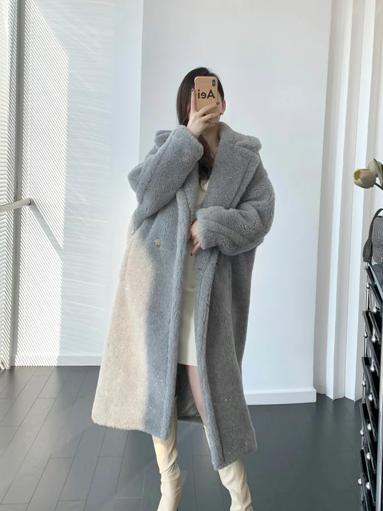 

2023 Autumn Winter New Teddy Bear Coat Women Loose Teddy Alpaca Fur Silhouette Mid-length Natural Fur Coat Pockets Female Clothi