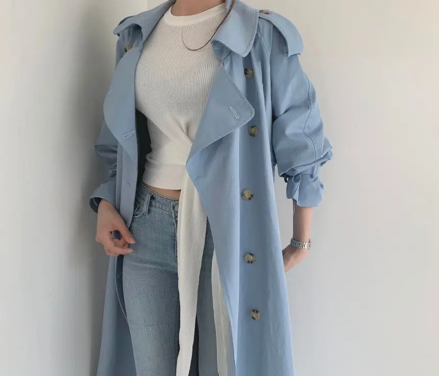 Women Long Trench Coat New Spring Autumn Casual Lapel Double Breasted with Belt Loose Coat Office Lady Korean Fashion Outerwear