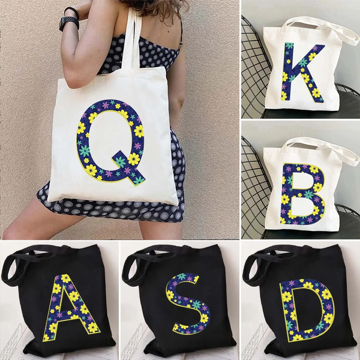 

Floral English Alphabet A to Z Initial Letter Print Flower Watercolor Women's Canvas Shopper Tote Bag Reusable Shopping Handbags