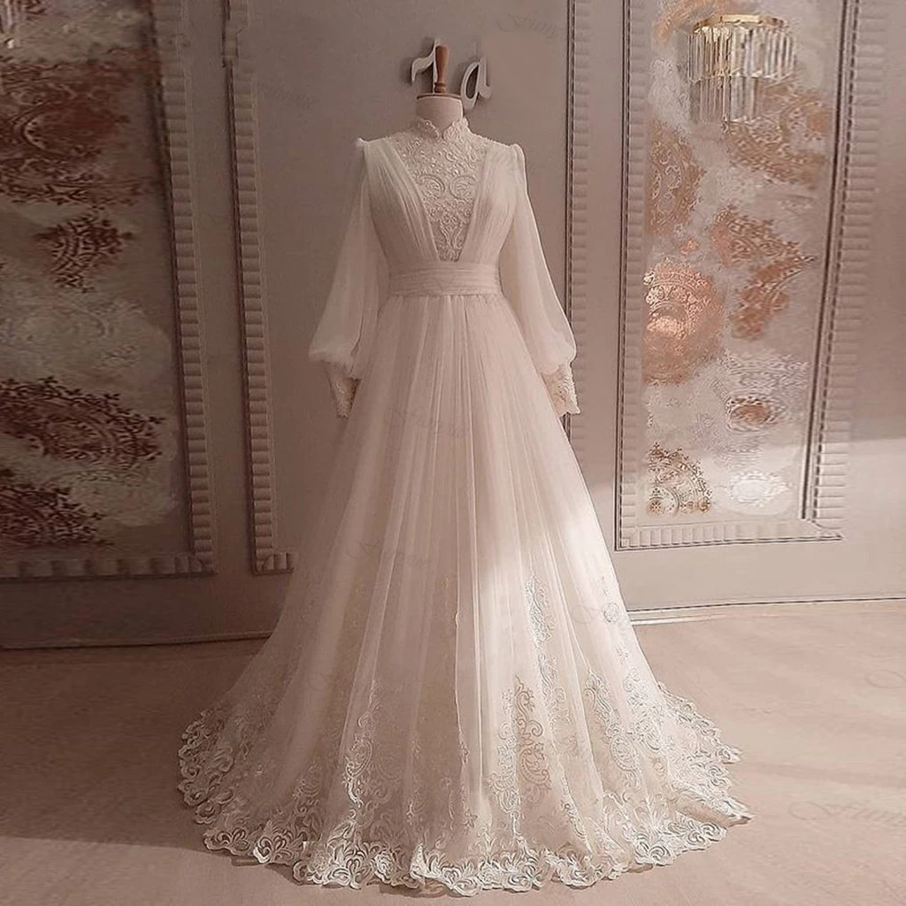 

Vintage Long Sleeve High Neck Wedding Gowns White Tulle Bridal Muslim Wedding Dress 2023 Lace Bride Dresses Robe De Mariée
