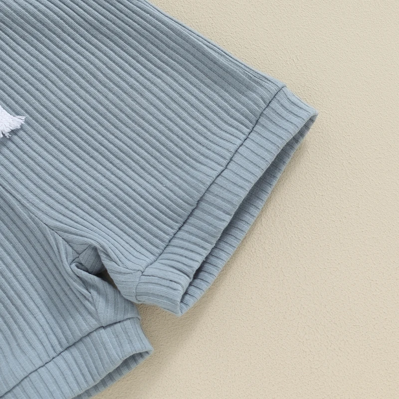  골지 줄무늬 반팔 코튼 롬퍼 반바지,  복장 의류, 남아 여아 여름 의류 세트