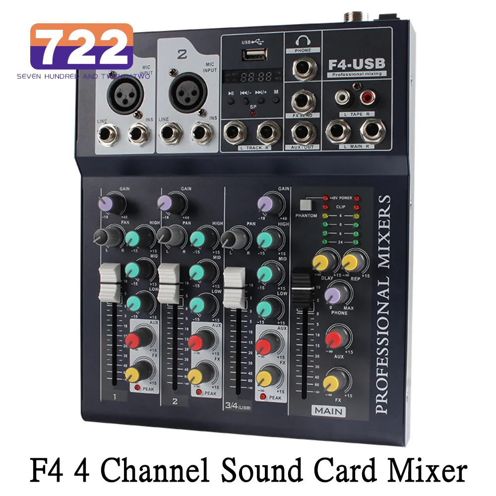 

Sound Mixer F4 4 Channel Professional Audio Mixing Console with 48V Phantom Power for recording KTV live sound card DJ Mixers