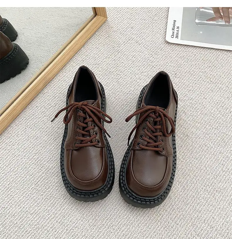 British Small Leather Shoes Women's Platform Heels Sexy Autumn New Retro Thick-soled Lace-up Shoes