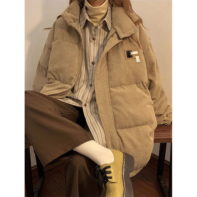 Parkas en velours côtelé pour femmes, Doudoune respirante, Streetwear d'hiver, Doudoune optique chaude, Poches coréennes, Coton rembourré, Nouveau 3