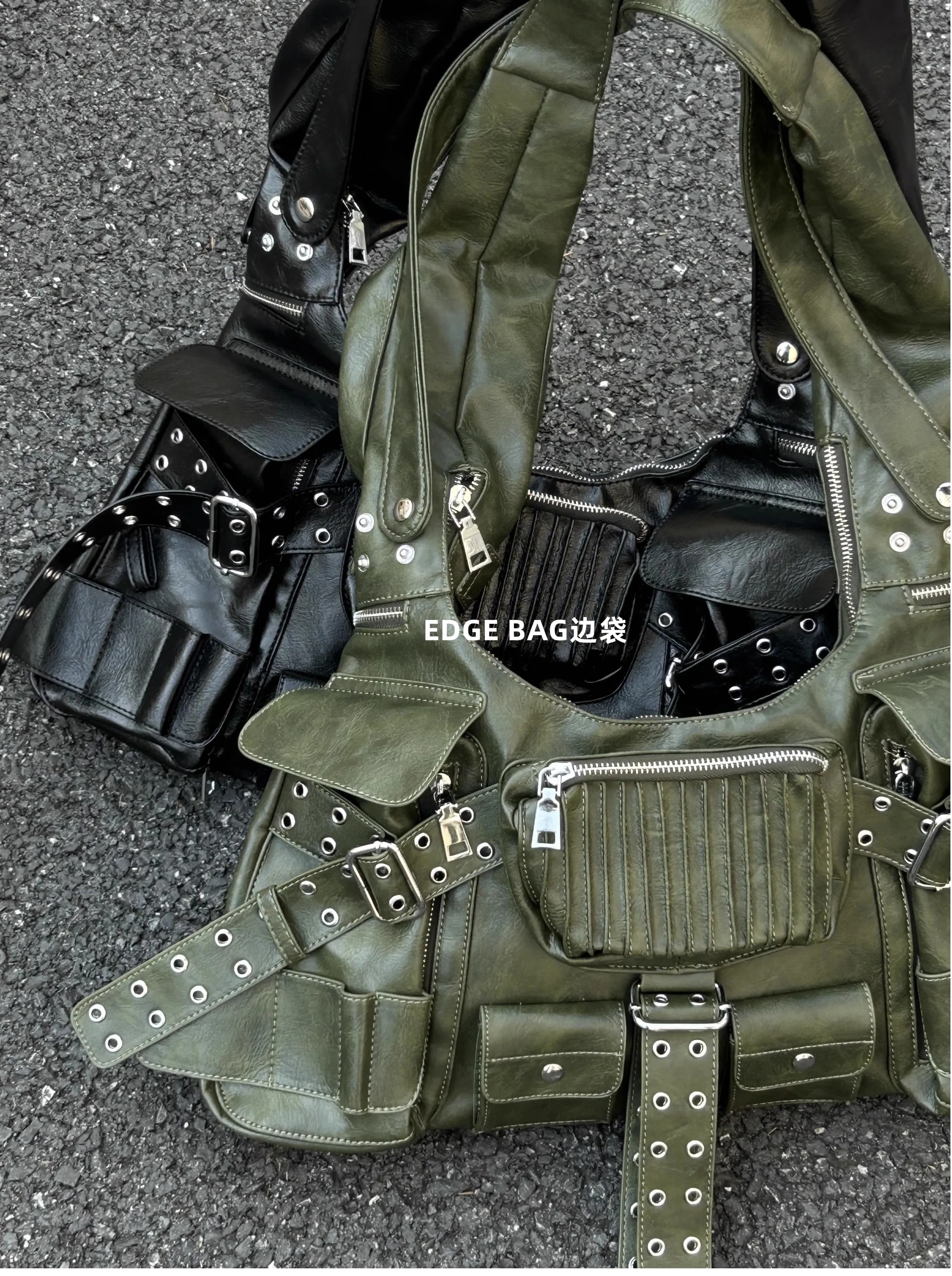 NEW Leather One Shoulder Bag For Women Fashion 2023 New Trendy Double Pockets Patchwork Rivet Underarm Bags Female