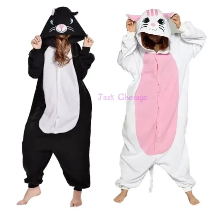 Black White Cat Kigurumi Onesie Animal Winter Flannel Pajamas Cartoon Adult Halloween Party Costume Jumpsuit