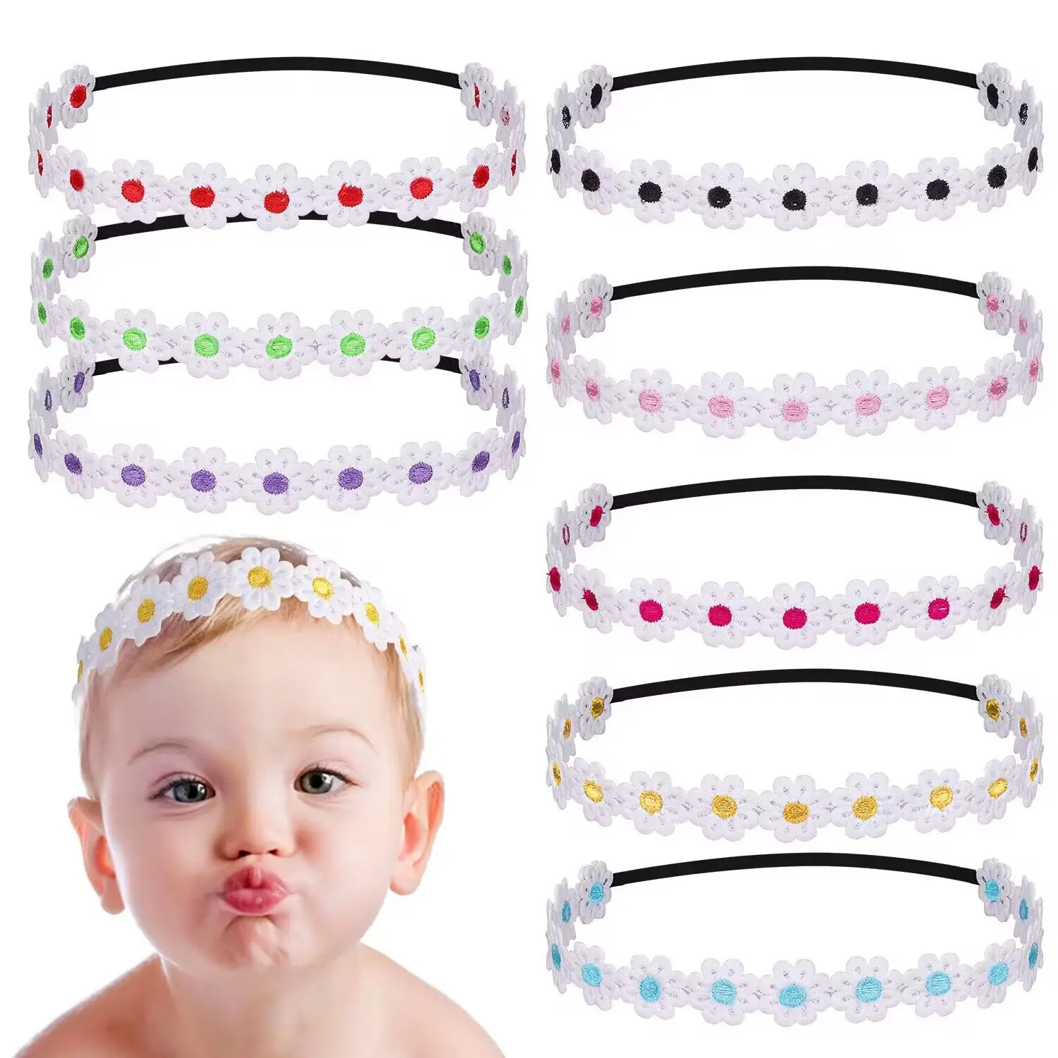 

60pc/lot 2023 New Lace Headband Baby Girls Daisy Flower Elastic Hairbands, Kids Floral Headbands Children Headwear Headdress