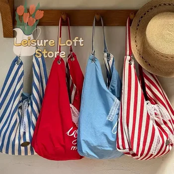 Borsa hobo a righe da donna con decorazione a fiocco in pizzo, borsa tote in tela, borsa a tracolla reversibile