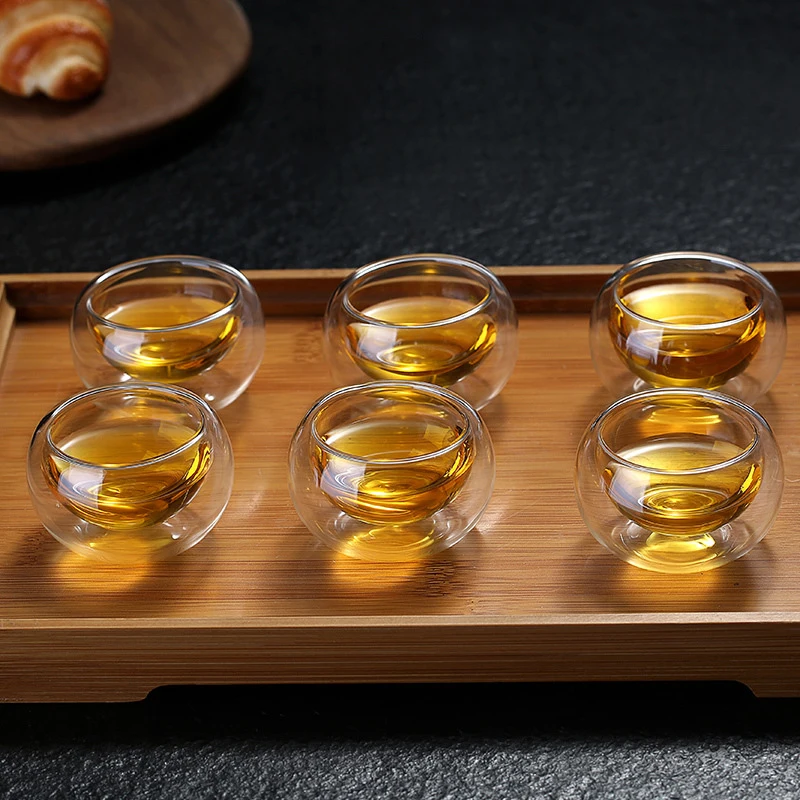 6pcs Double Layer Heat-resistant Glass Cup Sets Creative Chinese Tea Cup Creative Anti Scalding Tea Mug Transparent Household