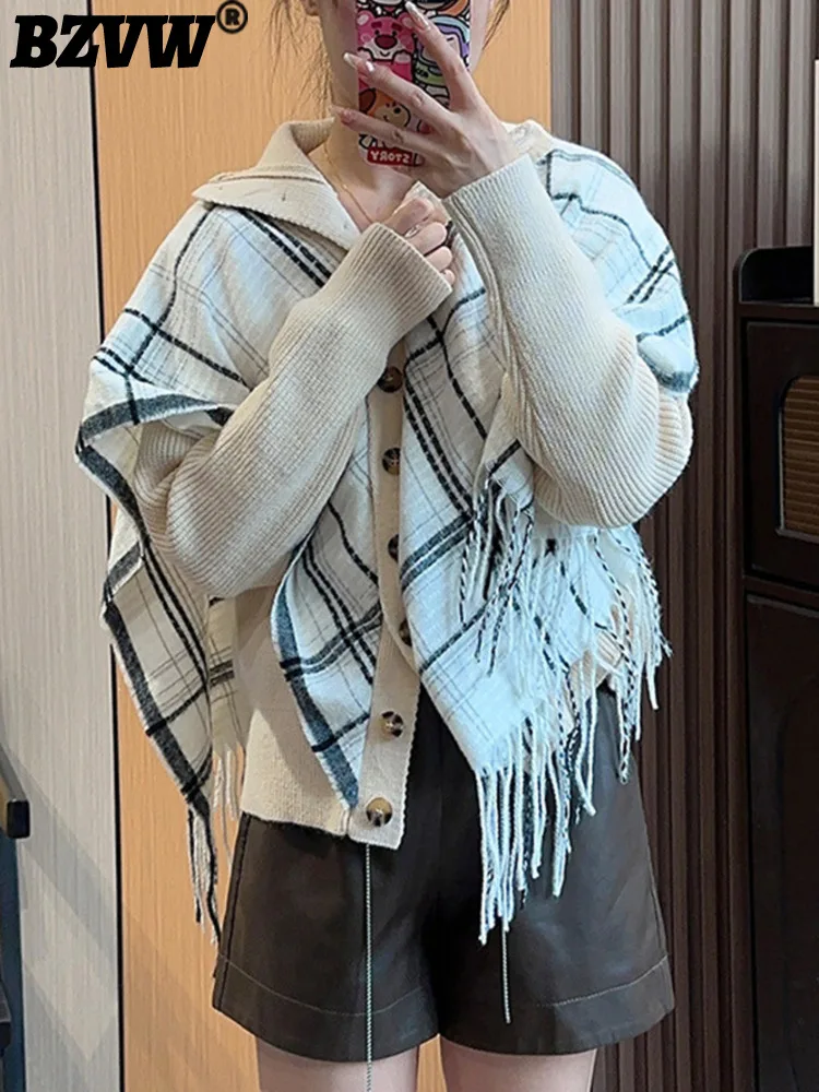 

BZVW Chic Designer Niche Knitting Coat Women 2023 Autumn Winter Fashion New Shawl Flowing Plaid Fake Two Sweaters Female 25X3327