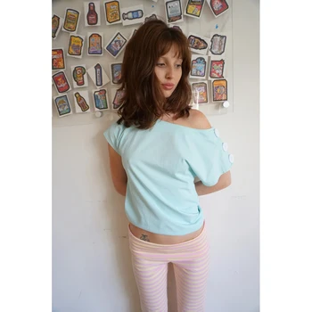 Mint Green Crop Top Women 2026 Asymmetrical Off Shoulder Button Detail Short Sleeve Casual Streetwear Fitted Top 1
