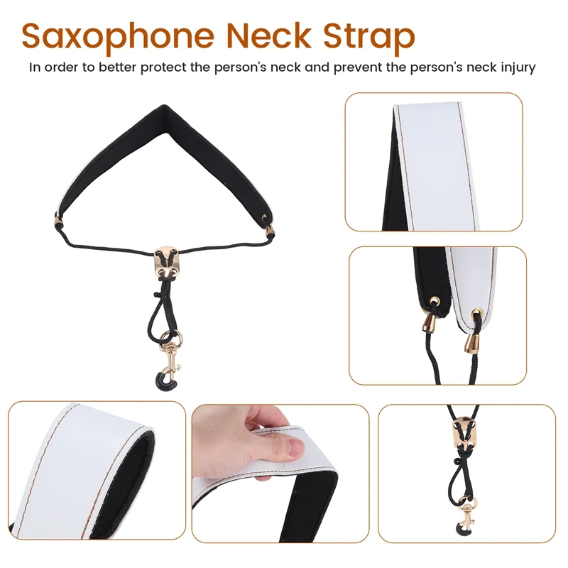 AA90-Saxophone Neck Strap, Alto Sax Neck Strap, Clarinet Strap White Leather Band