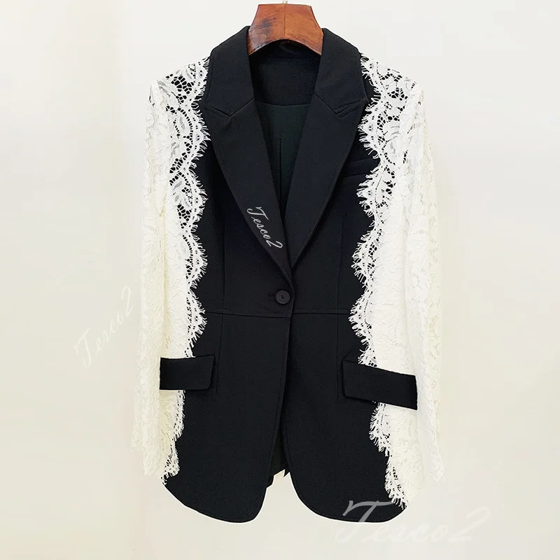 Tesco Fashion Women's Suit Blazer Single Button Hollow Out Full Sleeve Contrast Color Lace Patchwork Suit Jacket Female Coat