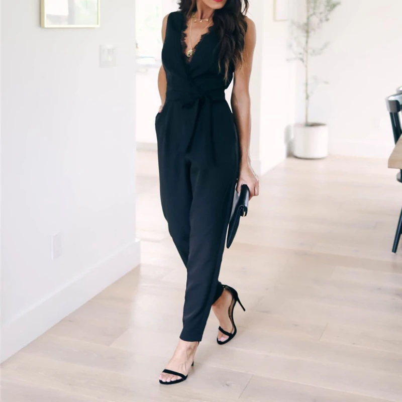 Women Solid Bandage Casual Jumpsuits 2021 Summer Fashion Lace Sleeveless V-neck Pocket Long Pants Rompers Black Jumpsuit Female