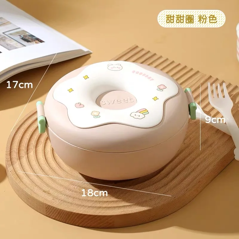 Donut Cartoon Leakproof Bento Lunch Box with Utensils and 3 Compartments