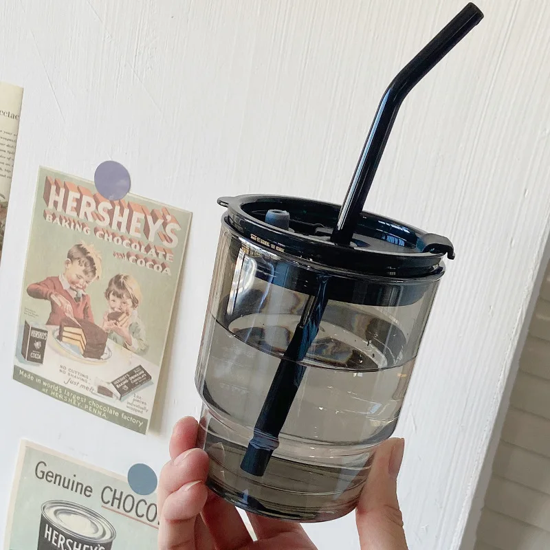 350ml 400ml Coloured Glass Cup Amber Grey Portable Iced Coffee Tumbler Cup with Plastic Lid and Colour Glass Straw 1 Pc