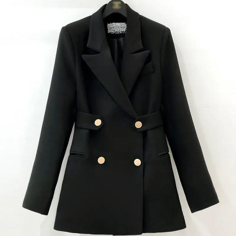 Medium  long small suit coat Women's spring  autumn season new solid color waistband thin double-breasted fashion suit top