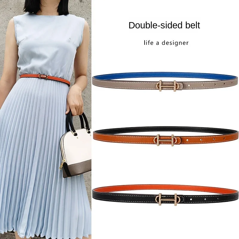 

H Buckle PU Leather Belt Double Sided Available Women's Fashion Accessories Suit Luxury Brand Small Belt with Sweater Shirt