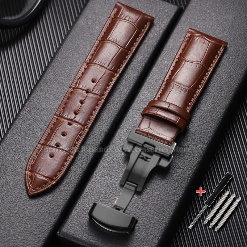 Premium Waterproof Cowhide Leather Watch Strap with Metal Butterfly Buckle