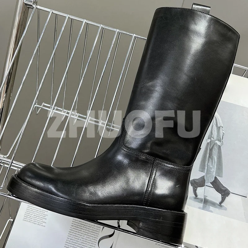 

Women Long Boots Spring Autumn New Genuine Leather Upper Platform Design Round Head Long Boots Fashion Versatile Female Shoes